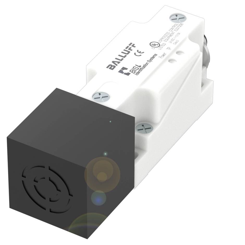 Weißes elektrisches Gerät mit schwarzer Vorderseite und Firmenlogos, vermutlich ein Sensor oder Schalter von der Marke Balluff.