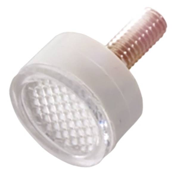 Ein transparenter Kunststoff-Schraubfuß mit rundem, gerastertem Kopf und Metallgewinde, geeignet zur Höhenverstellung oder Stabilisierung von Möbeln.