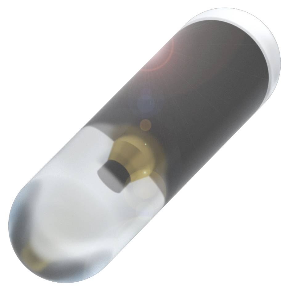 Eine Kapsel-Endoskopie-Kamera in Pillenform zur Untersuchung des Magen-Darm-Trakts. Sie ist transparent mit einem kleinen Sensor innen.