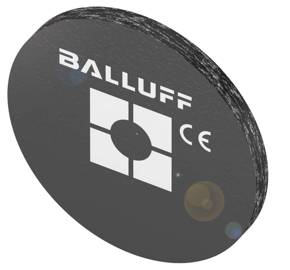 Schwarze, runde Elektronik-Komponente mit der Aufschrift 'BALLUFF' und 'CE' sowie einem Symbol aus vier weißen Quadraten und einem Kreis.