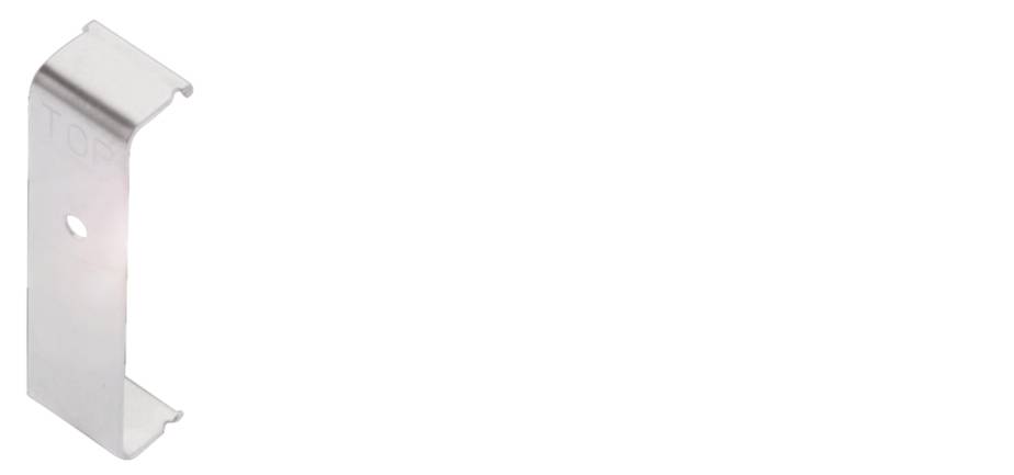 Ein L-förmiger Metallclip mit einem Loch in der Mitte, das zur Befestigung verwendet werden kann.