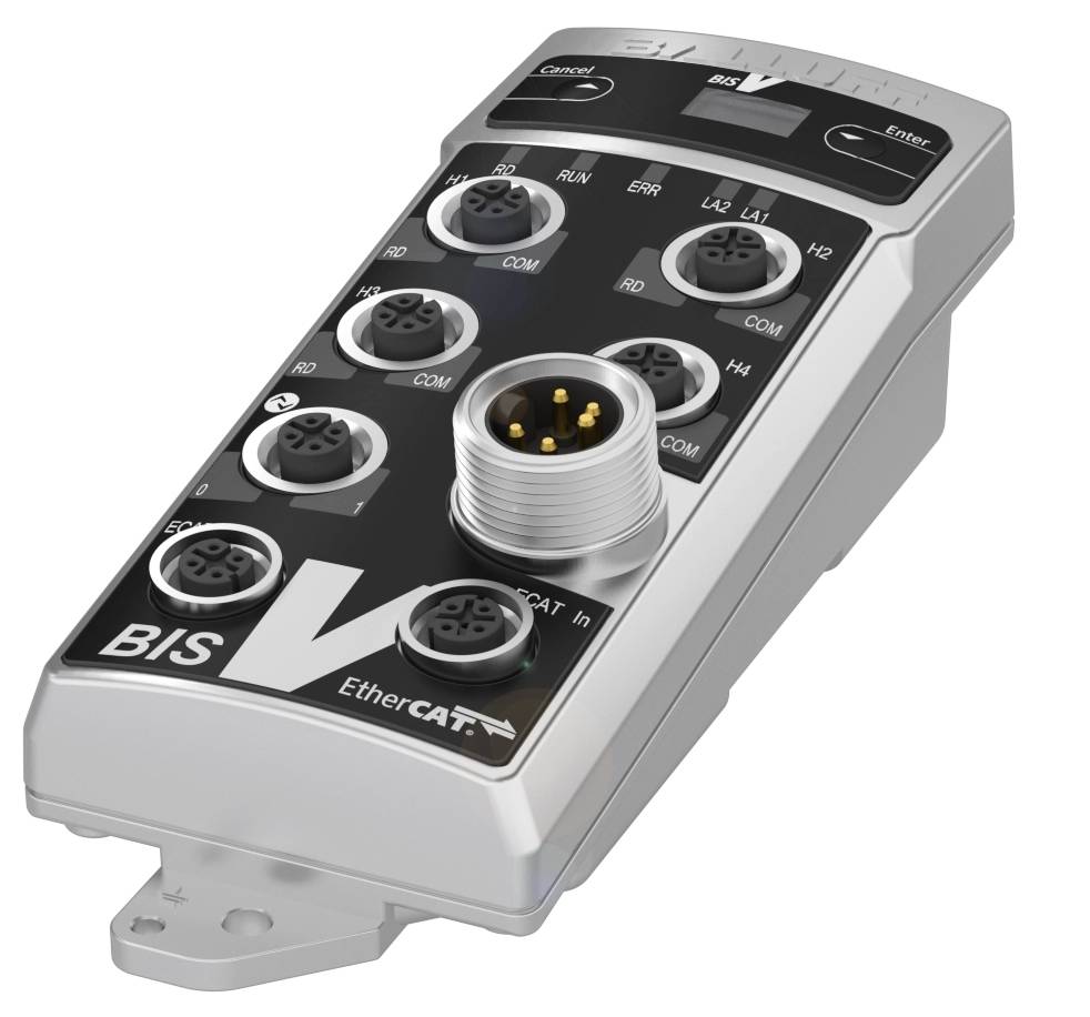 Kompaktes elektronisches Gerät mit mehreren runden Steckverbindungen und Beschriftung 'BIS V' und 'EtherCAT'.