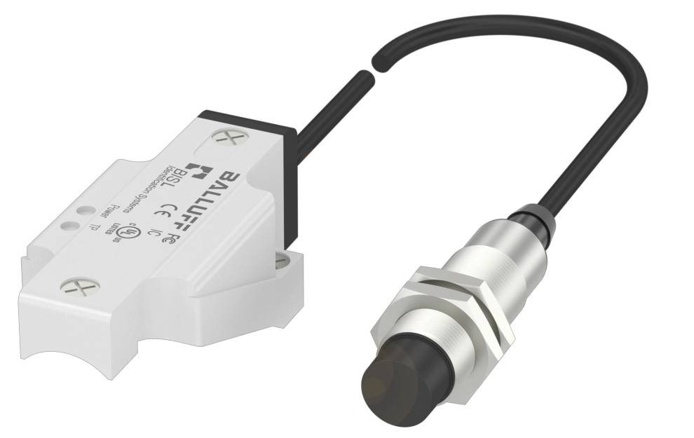 Ein zylindrischer Sensor mit Kabel und rechteckigem Anschlussteil. Der Sensor ist von Balluff und für industrielle Anwendungen geeignet.