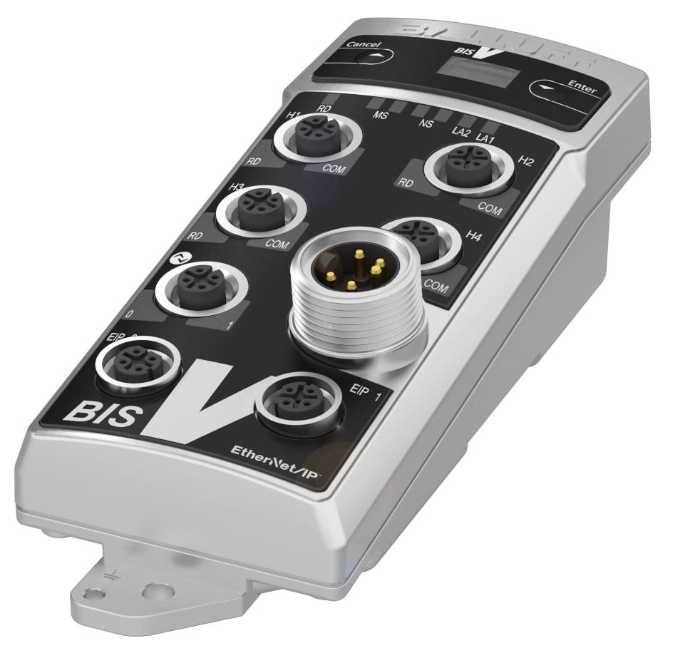 'BIS V' RFID-Steuergerät mit mehreren Anschlüssen und Ethernet/IP-Kompatibilität, auf weißem Hintergrund abgebildet.