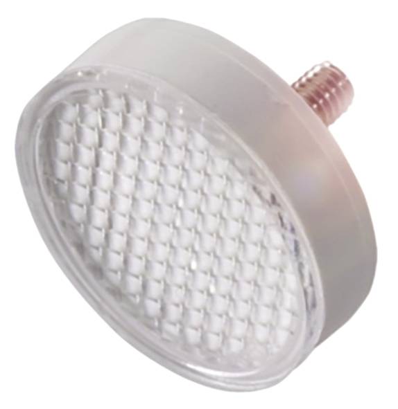 Rundes Rücklicht für ein Fahrzeug mit wabenförmiger Oberfläche und rotem Befestigungsstück.