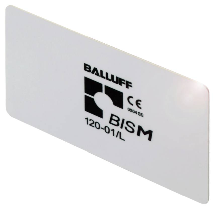 Weiße RFID-Tags mit der Aufschrift 'BALLUFF BISM 120-01/L', verwendet zur kontaktlosen Identifikation und Datenerfassung in Industrieanwendungen.