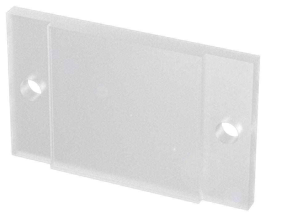 Ein transparentes Acrylglasmaterial mit zwei Bohrungen an den Enden, möglicherweise ein Halter oder eine Befestigungsplatte.