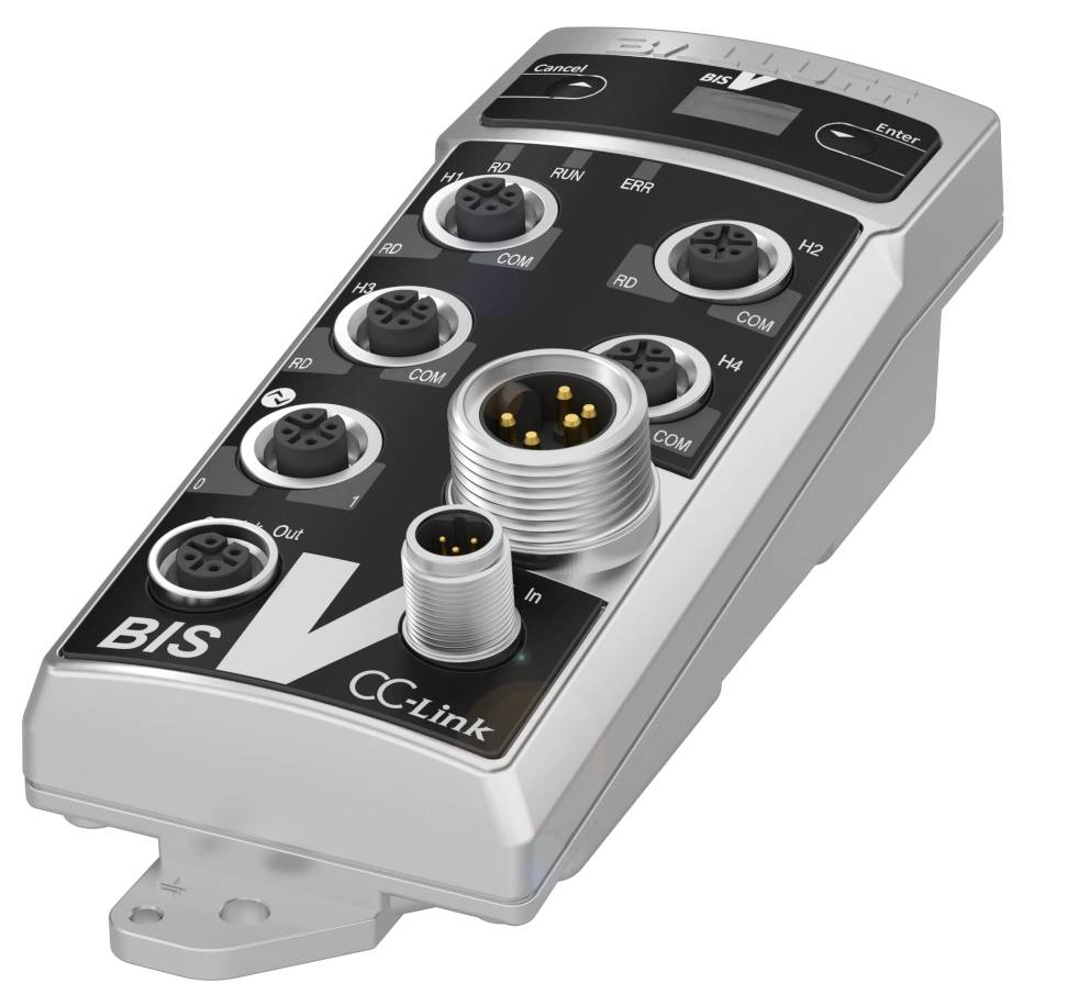 Gerät mit mehreren Kabelanschlüssen, darunter Beschriftungen für 'BIS V' und 'CC-Link', sowie verschiedene Stecker und Statusanzeigen.