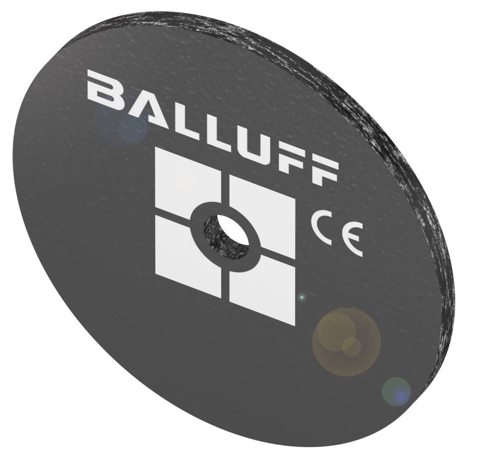 'BALLUFF' Logo auf einer schwarzen rondellenförmigen Oberfläche mit CE-Kennzeichnung.