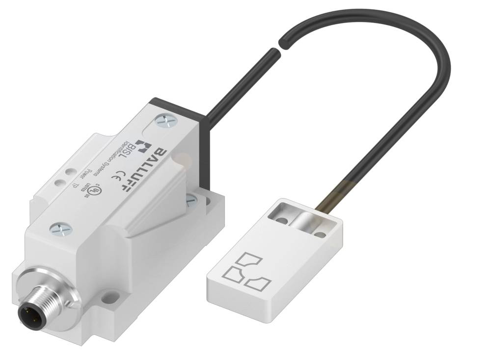 Ein rechteckiger induktiver Näherungsschalter von Balluff mit Kabelverbindung, geeignet für die Positionsüberwachung in automatisierten Systemen.
