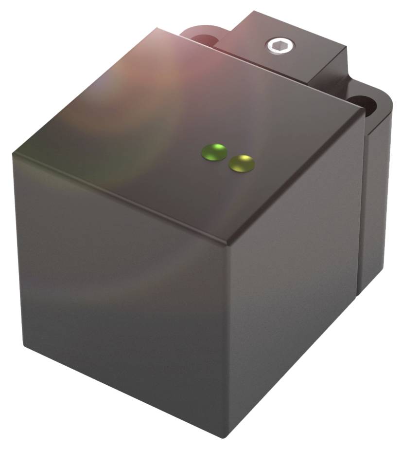 Schwarze Elektronikbox mit zwei kleinen LEDs auf der Oberseite, eine grün und eine rot, für Statusanzeige.