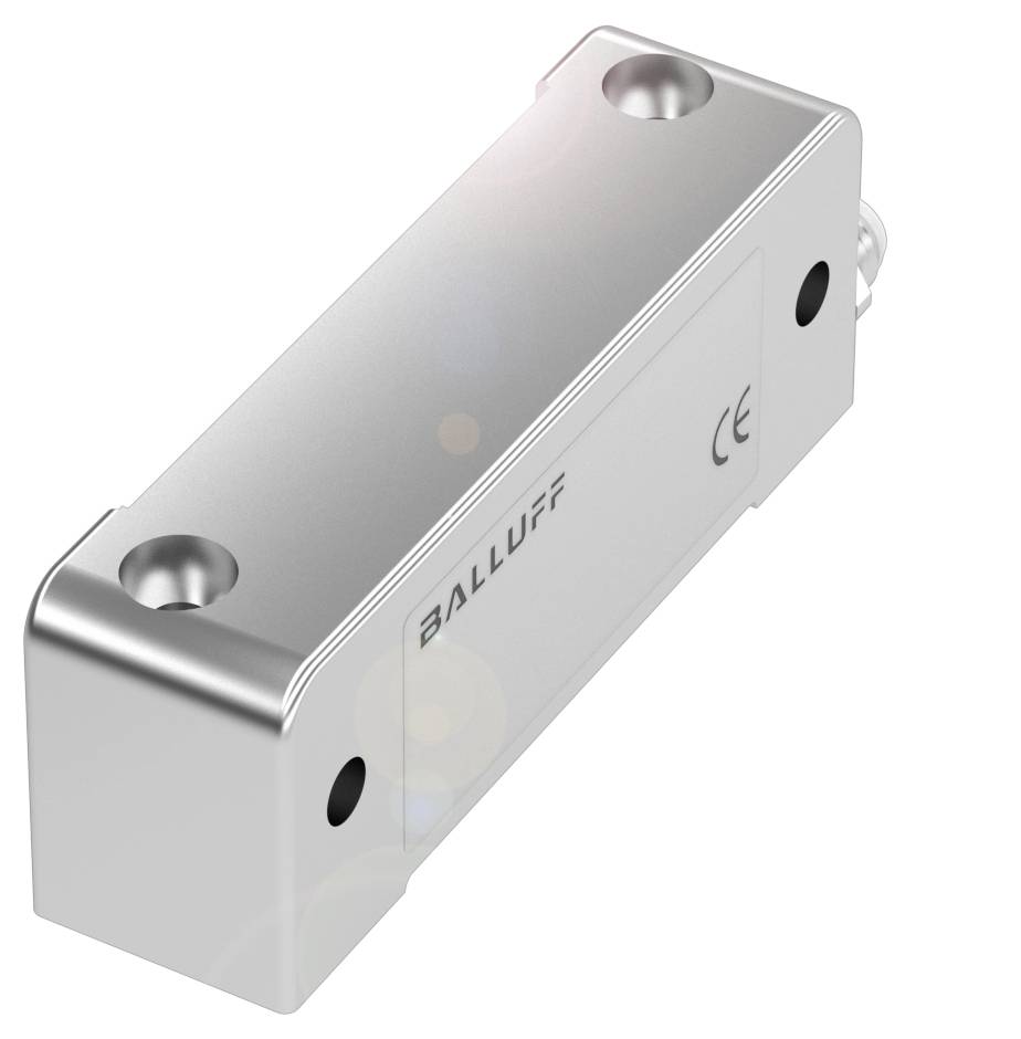Ein rechteckiger, silberner Sensor der Marke Balluff ist mit Halterungen an beiden Enden versehen und trägt das CE-Zeichen.