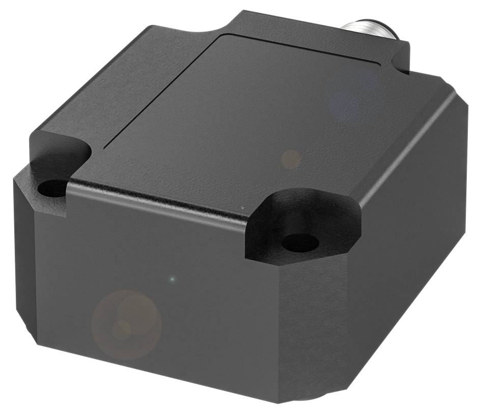 Ein schwarzer rechteckiger Sensor mit abgewinkelten Kanten und zwei Befestigungslöchern, geeignet für industrielle Anwendungen.