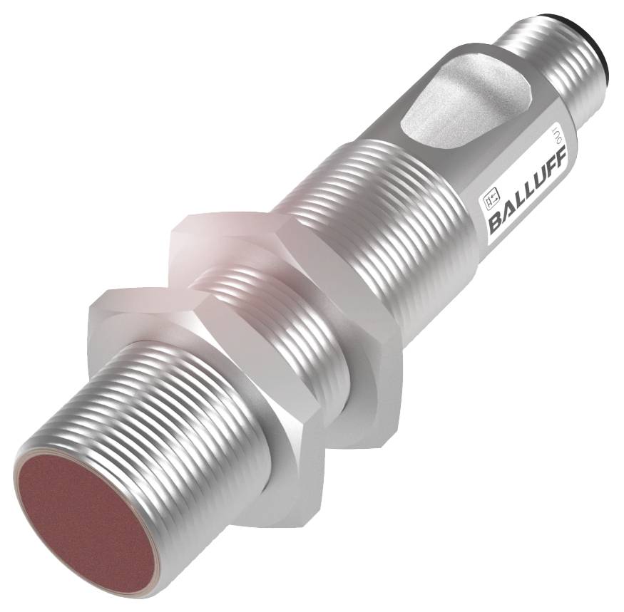 Metallsensor mit zylindrischer Form, Gewinde, und Aufschrift 'BALLUFF'. Sensorfläche an der Spitze. Geeignet für industrielle Anwendungen.