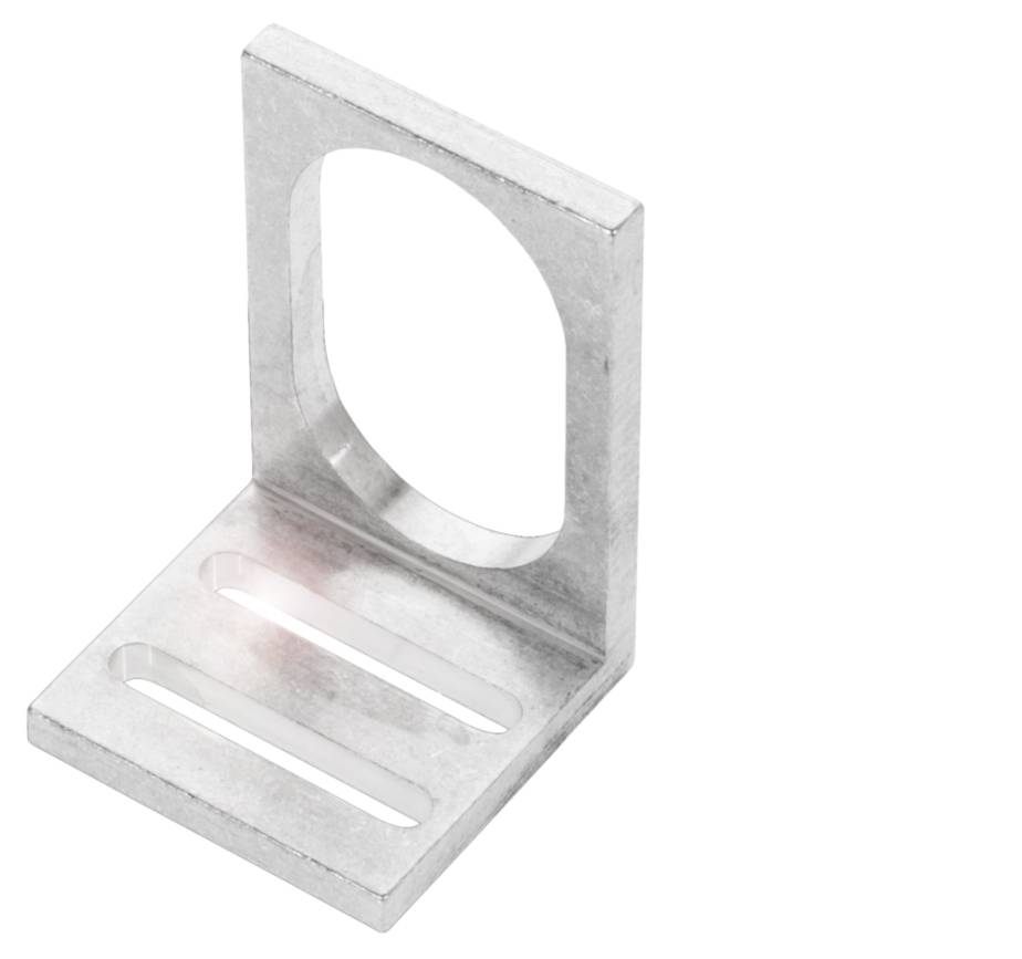 Metallwinkelhalterung mit kreisförmiger Aussparung und drei Schlitzen, oft verwendet zur Befestigung von Gegenständen.