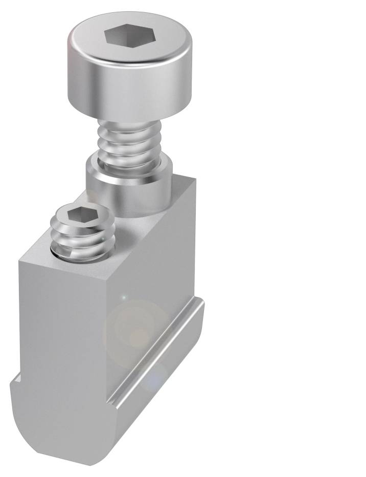 Ein silberfarbener Schraubhalter mit zwei unterschiedlich großen Schrauben, die senkrecht aus einer rechteckigen Basis herausragen.