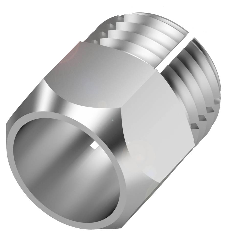 Metallische Sechskantmutter mit Gewindeöffnungen auf beiden Seiten, sichtbar in einer drehenden Ansicht.