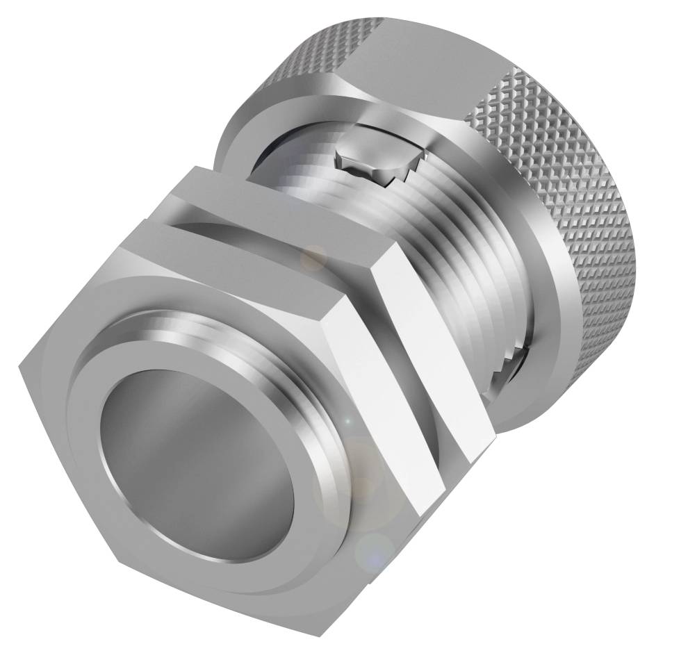 Ein silberner Metallanschluss mit Sechskantmutter und Gewinde, geeignet für Rohrverbindungen oder Maschinenkomponenten.