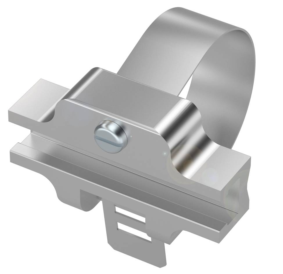 Metallisches Befestigungsbauteil mit Schraube und Klemmsystem, seitlich dargestellt. Verwendet zur Verbindung von Strukturen.