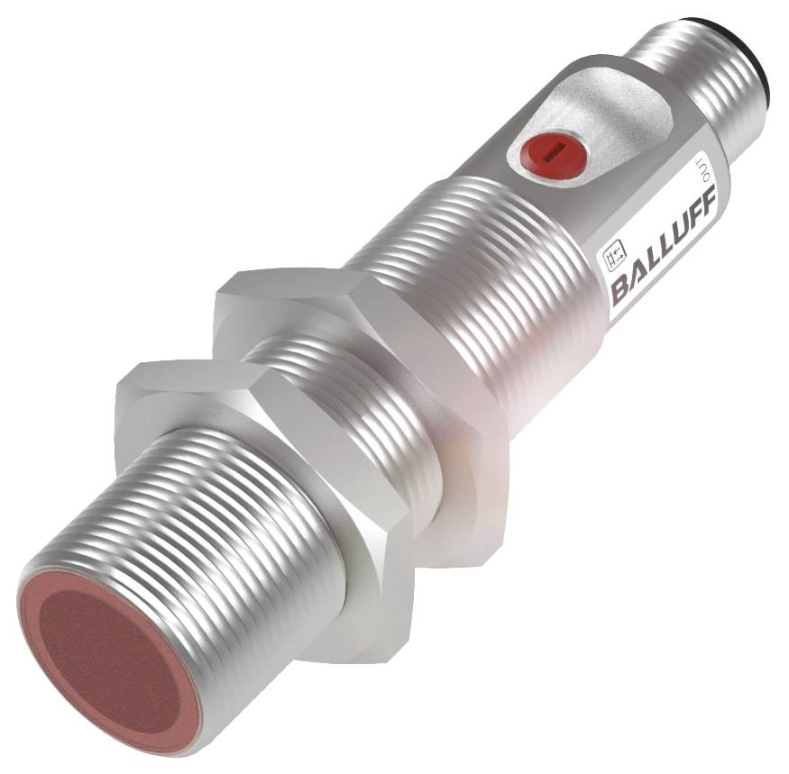 Induktiver Sensor von Balluff mit zylindrischem Gehäuse, Gewinde und Kabelanschluss, verwendet zur Objekterkennung in industriellen Anwendungen.