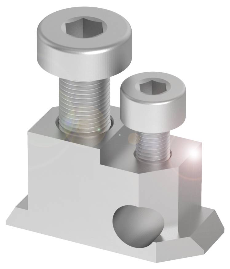 Metallbauteil mit zwei versetzt angeordneten Schrauben, die aus einem rechteckigen Block ragen. Die Schrauben haben Sechskantköpfe.