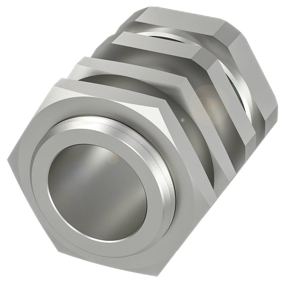 Große silberne Sechskantmutter, leicht schräg gestellt, auf weißem Hintergrund. Sie hat ein glänzendes Metallfinish.