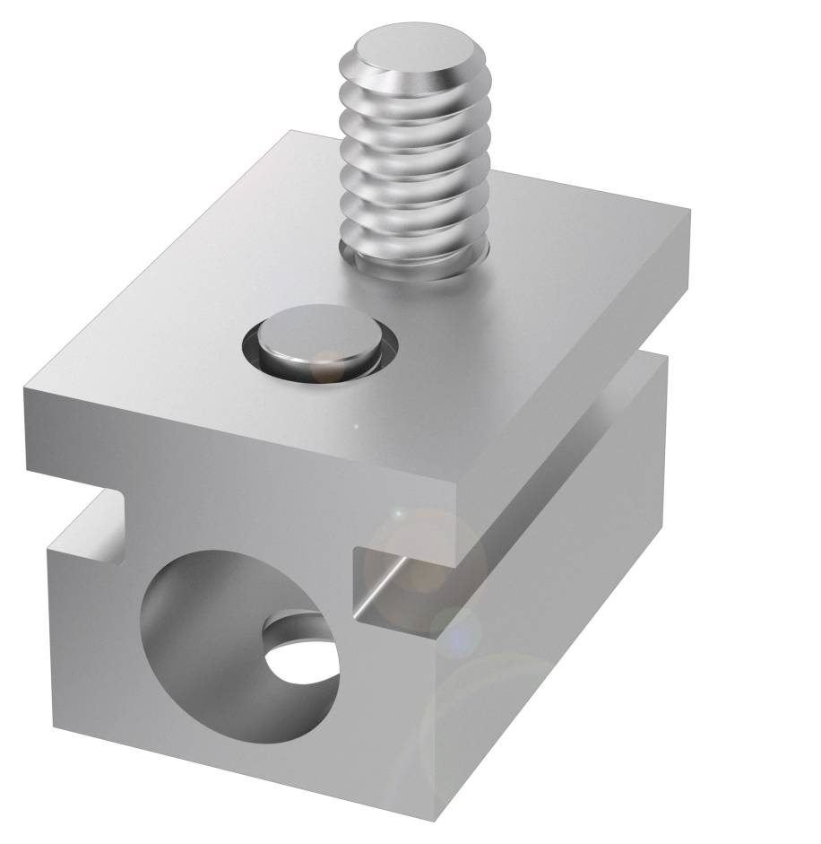 Ein Metallblock mit zwei abgewinkelten Schraublöchern und einer vorstehenden Schraube, vermutlich als Verbindungselement genutzt.