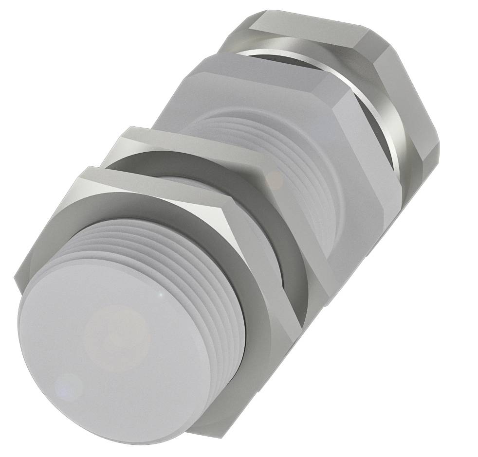 Ein vernickeltes, zylindrisches Induktionssensor mit Gewinde und Kontermuttern zur Befestigung, verwendet in industriellen Anwendungen.