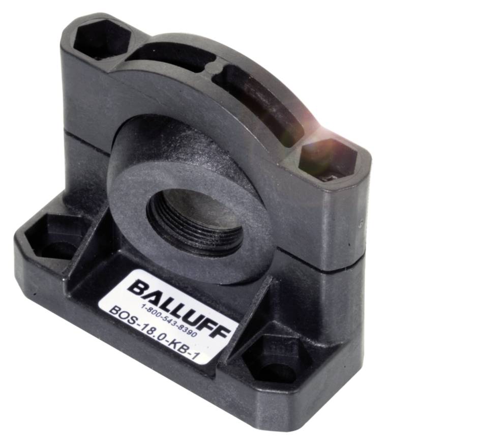 Ein schwarzer, halbrunder Sensorhalter von Balluff, gekennzeichnet mit 'BOS-18,0-KB-1', zeigt eine Öffnung zur Befestigung eines Sensors.