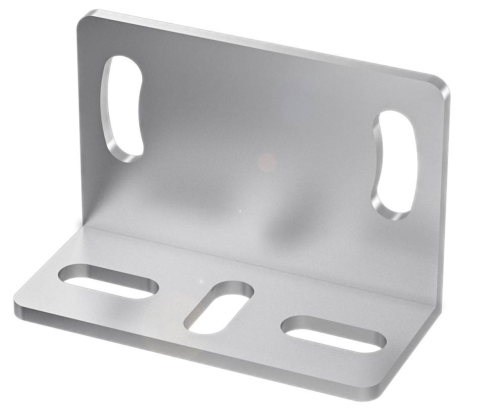 Metallwinkelhalter mit vier ovalen Befestigungslöchern; dient zur stabilen Montage von Geräten oder Gestellen.