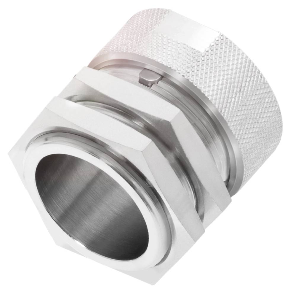 Eine silberne, metallische Kabelverschraubung mit hexagonalem Kopf und gerändelter Oberfläche, seitlich dargestellt.