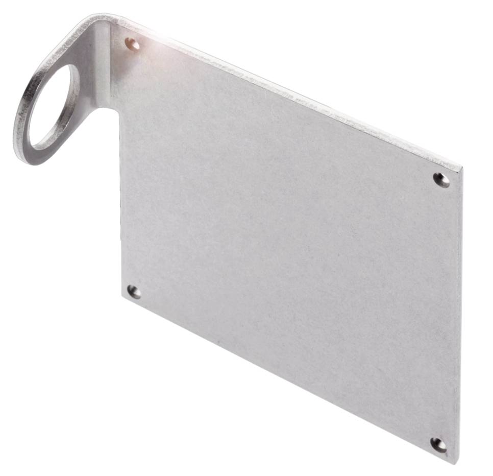 Metallplatte mit vier Ecken und einem ringförmigen Griff. Sie hat vier Löcher an den Ecken.