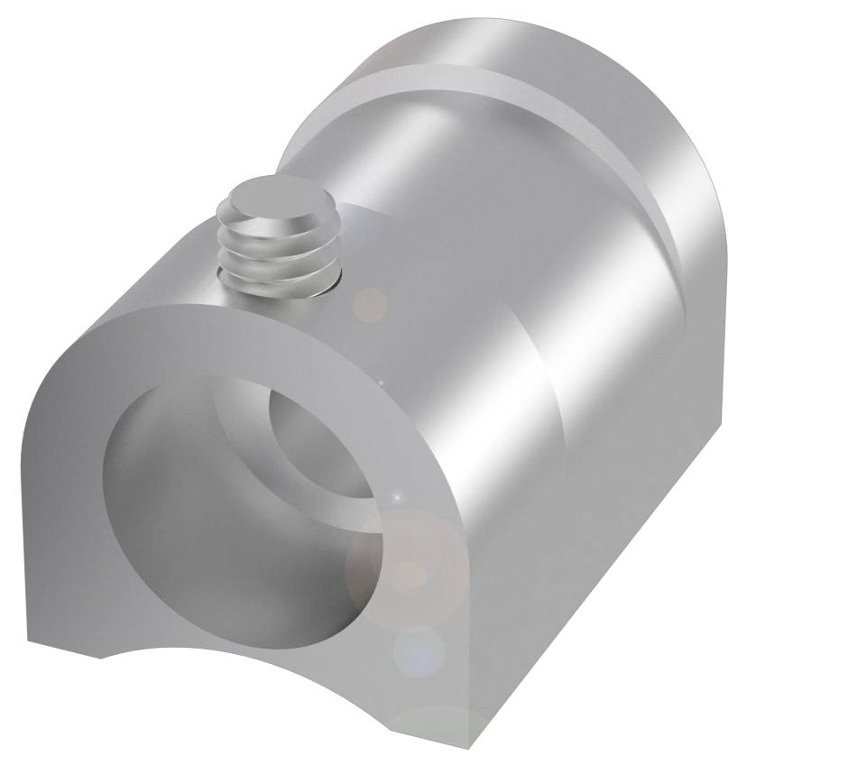 Silbernes zylindrisches Metallteil mit Schraube auf der Oberseite und durchgehendem Loch, wahrscheinlich als Halterung oder Verbindungsstück.