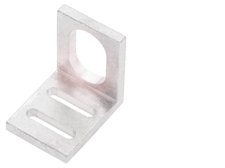 Metallwinkel mit rechteckiger Grundfläche; zwei längliche Schlitze und einem runden Ausschnitt an einer aufrechten Ecke.