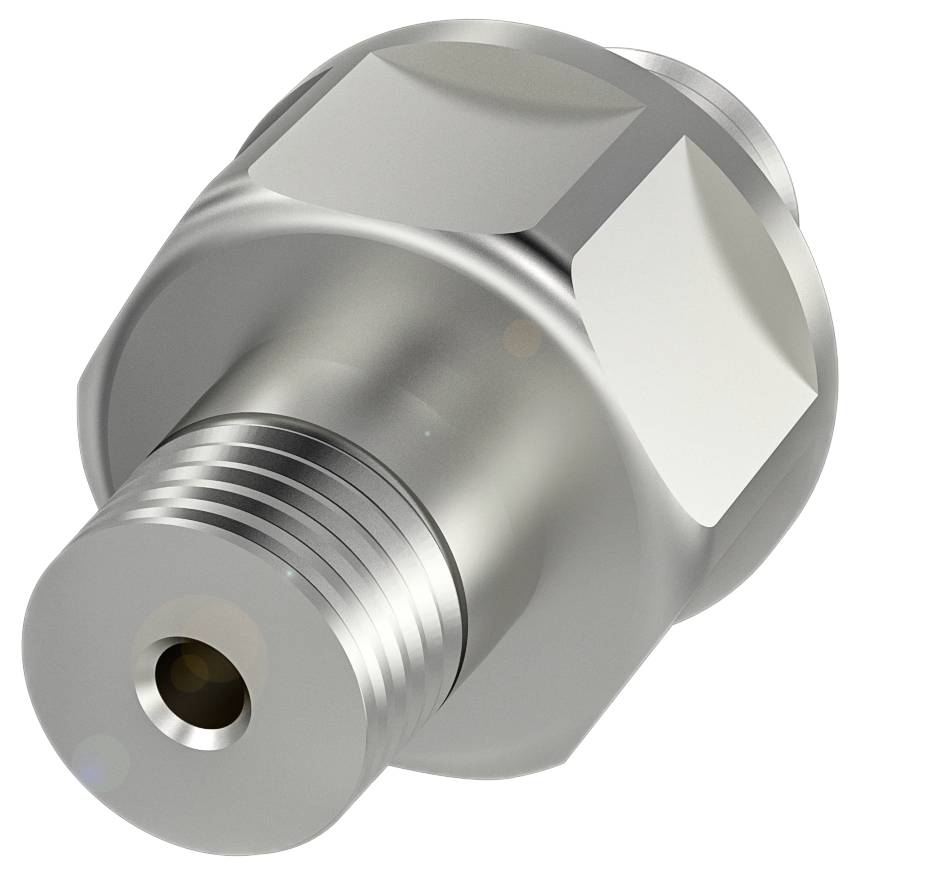 Eine silberne Metallverschraubung mit einem sechseckigen Kopf und einem zylindrischen Teil, vermutlich für Rohrleitungen oder Maschinenbau.