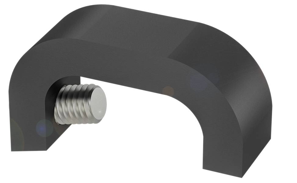 Ein schwarzer, U-förmiger Metallbügel hält eine silberne Schraube fest.