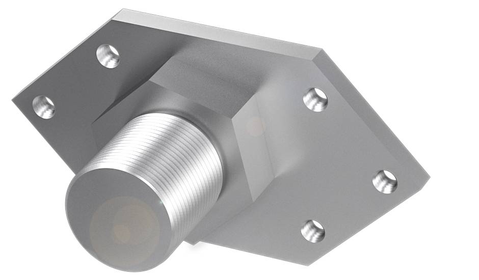 Ein sechseckiger Metallflansch mit Gewinde in der Mitte, umgeben von sechs Schraubenlöchern.