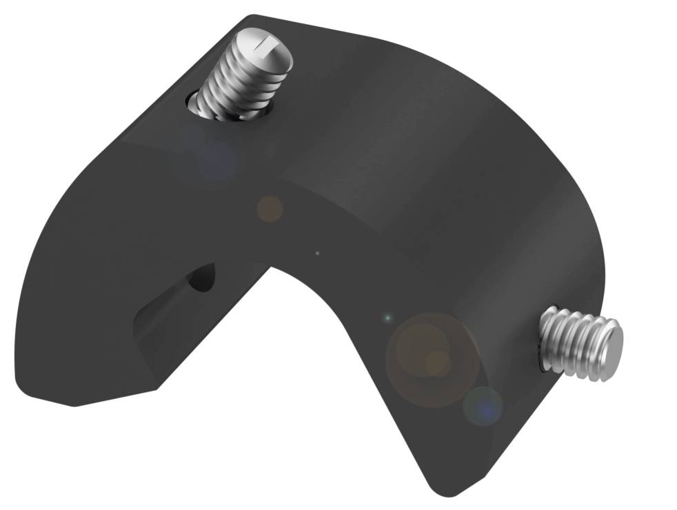 Ein gebogenes schwarzes Bauteil mit zwei silbernen Schrauben an den Enden, vermutlich ein mechanisches Verbindungselement.