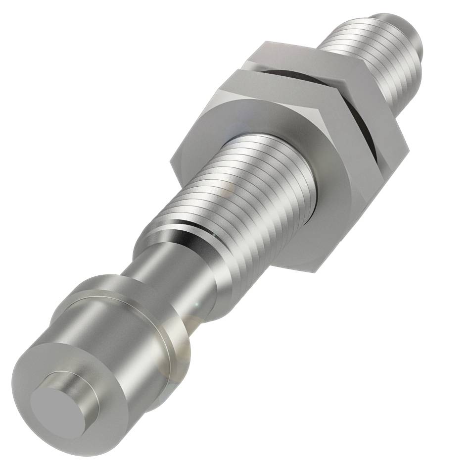 Metallischer Bolzen mit Sechskantmutter und Gewinde, typische Verwendung in mechanischen Verbindungen zur Sicherung von Bauteilen.