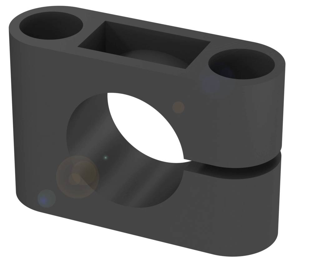 Ein schwarzes Metallteil mit runder Öffnung in der Mitte und zwei rechteckigen Aussparungen oben, vermutlich für Maschinenbefestigung.