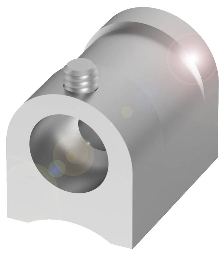 Silberne zylindrische Metallkomponente mit Loch und Gewinde oben, möglicherweise ein Verbindungselement, von Lichtreflexionen beleuchtet.