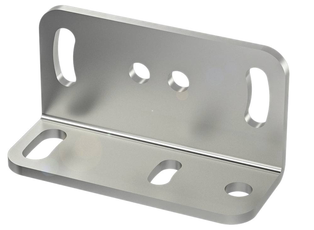 Metallwinkel mit drei zentralen Löchern und zwei Langlöchern auf jeder Seite, geeignet für Befestigungsanwendungen.