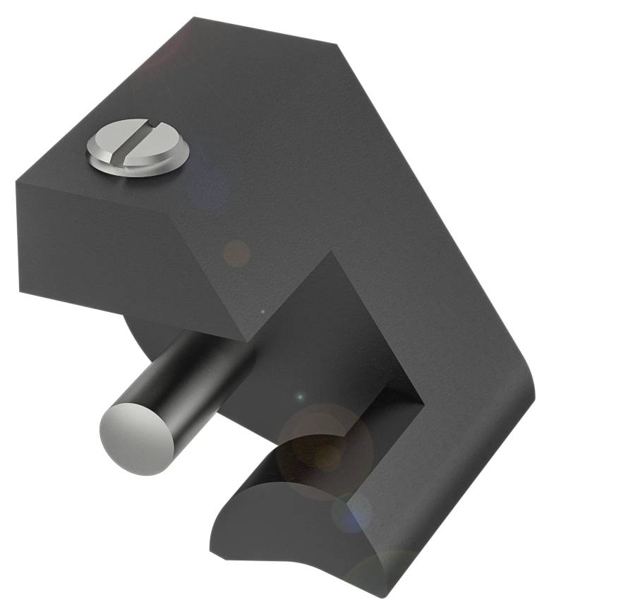 Ein schwarzes Metallbauteil mit einer Schraube oben und einem hervorstehenden Zylinder darunter.