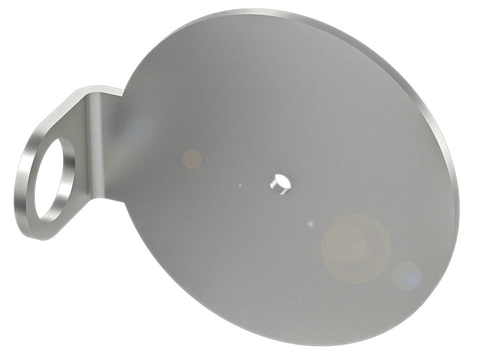 Metallscheibe mit Loch und seitlicher Öse, auf neutralem Hintergrund.