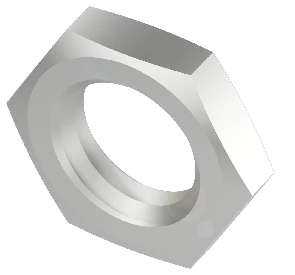 Sechskantmutter aus Metall, dargestellt in einer leicht schrägen Ansicht, zeigt Details der Innen- und Außenstruktur.