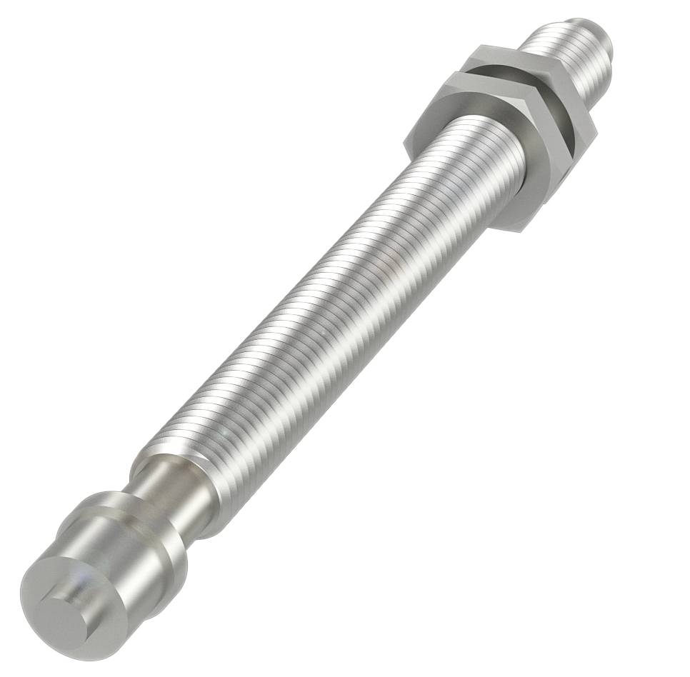 Metallschraube mit zylindrischem Gewinde und sechseckiger Mutter, liegend gezeigt.