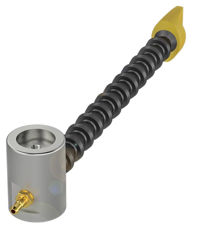 Metallschraube und zylindrischer Behälter, verbunden durch eine schwarze, spiralförmige Struktur. Der Behälter hat einen gelben Anschluss.