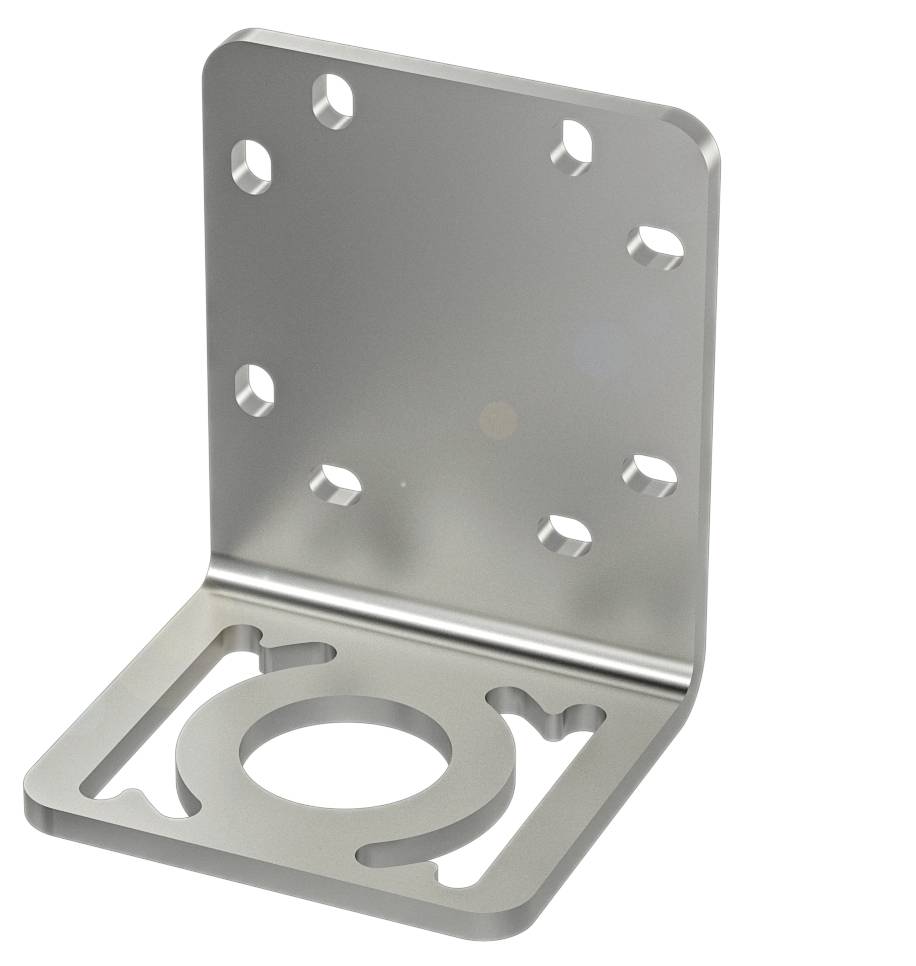 Stahlwinkel für Regalmontage mit acht Löchern zur Befestigung.