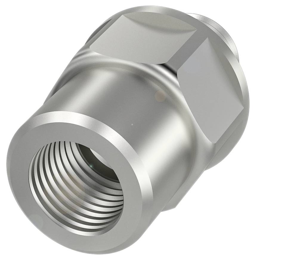 Metallischer, zylindrischer Adapter mit Außengewinde und sechseckiger Form für den Anschluss in Hydrauliksystemen.