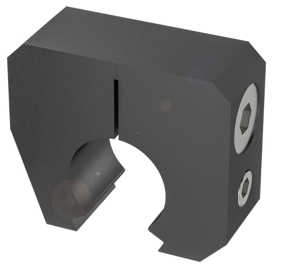 Ein schwarzes Bauteil mit zylindrischer Öffnung, seitlichem Schlitz und zwei Schraubenlöchern, geeignet zur Befestigung an Rohren.